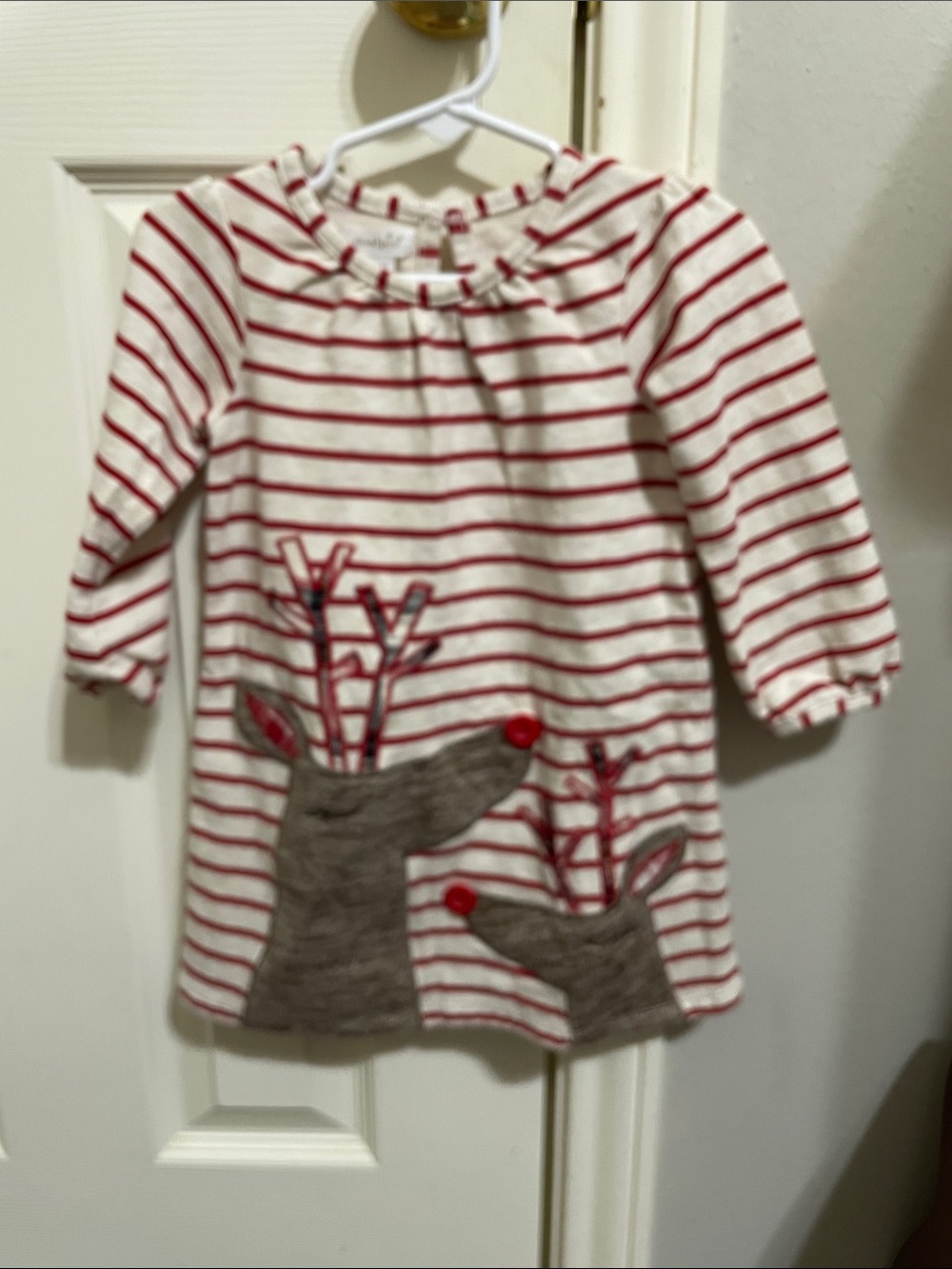 MudPie Girls Red & White Striped Reindeer Tunic with mesh tight/pants.